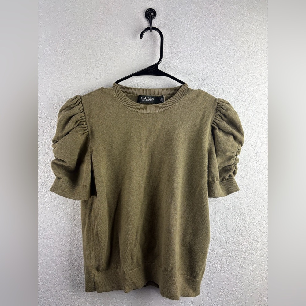 Lauren Ralph Lauren Olive Crewneck Knit Pullover puff sleeve NC0185